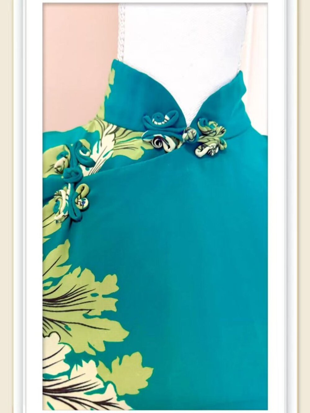 Teal striking leaf pattern classic mandarin collar qipao dress size 8